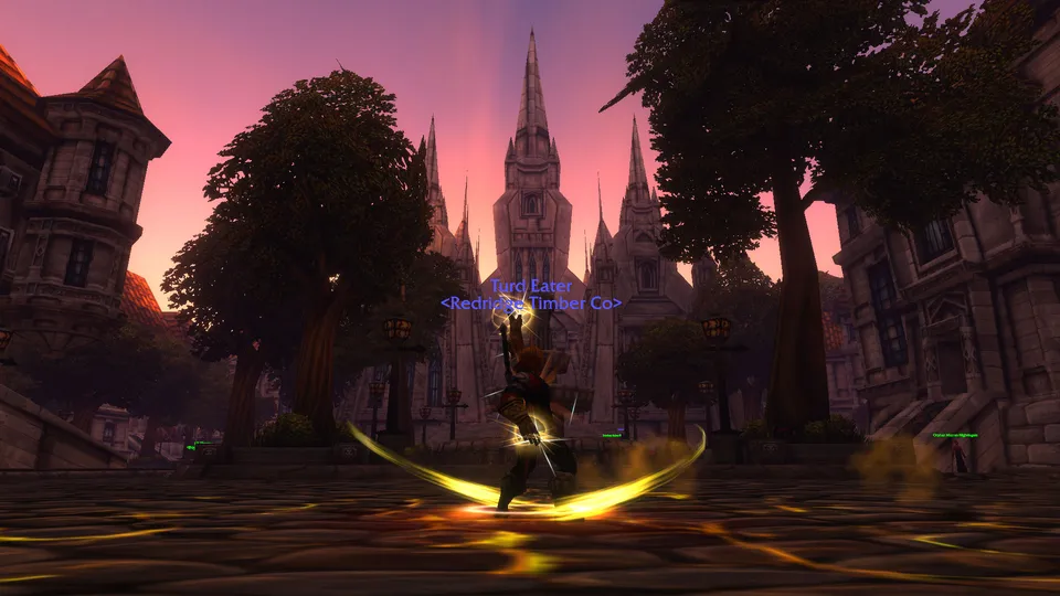 Turd Eater of Redridge Timber Co. striking a pose in front of the cathedral at dusk